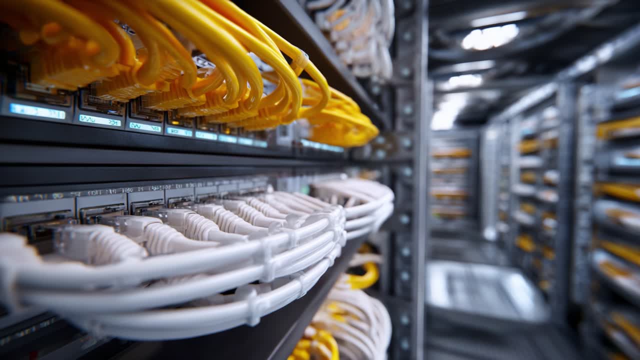 Primo piano di cavi di rete e server in un data center high-tech che evidenzia la connettività e la moderna infrastruttura tecnologica