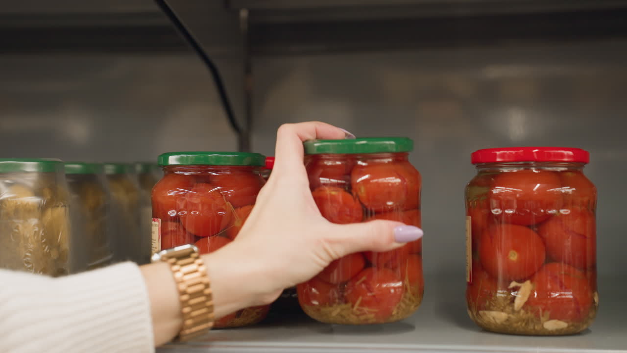 Close up of shopper hand taking transparent glass jar of tomatoes from metal store shelf rails in bright grocery aisle highlighting polished nails wrist watch packaging detail