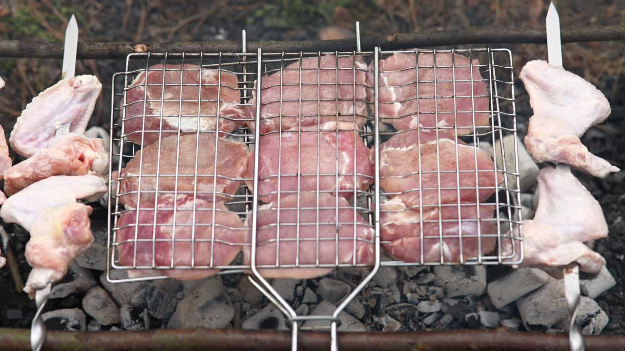 Grilled Pork and Chicken Wings on Skewers