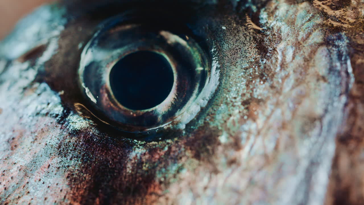 Close up of a fish eye and shimmering scales, revealing detailed textures and colors