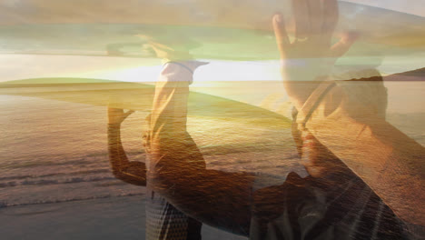 Composite-of-happy-senior-couple-walking-carrying-surfboards-on-heads,-and-beach-at-sunset