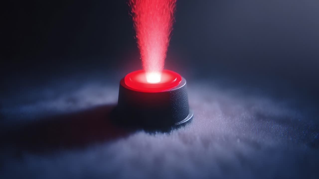 A striking visual of a glowing red button emerging from a cloud of mist, showcasing an intense burst of light and energy, captivating the viewer's attention in a mysterious atmosphere