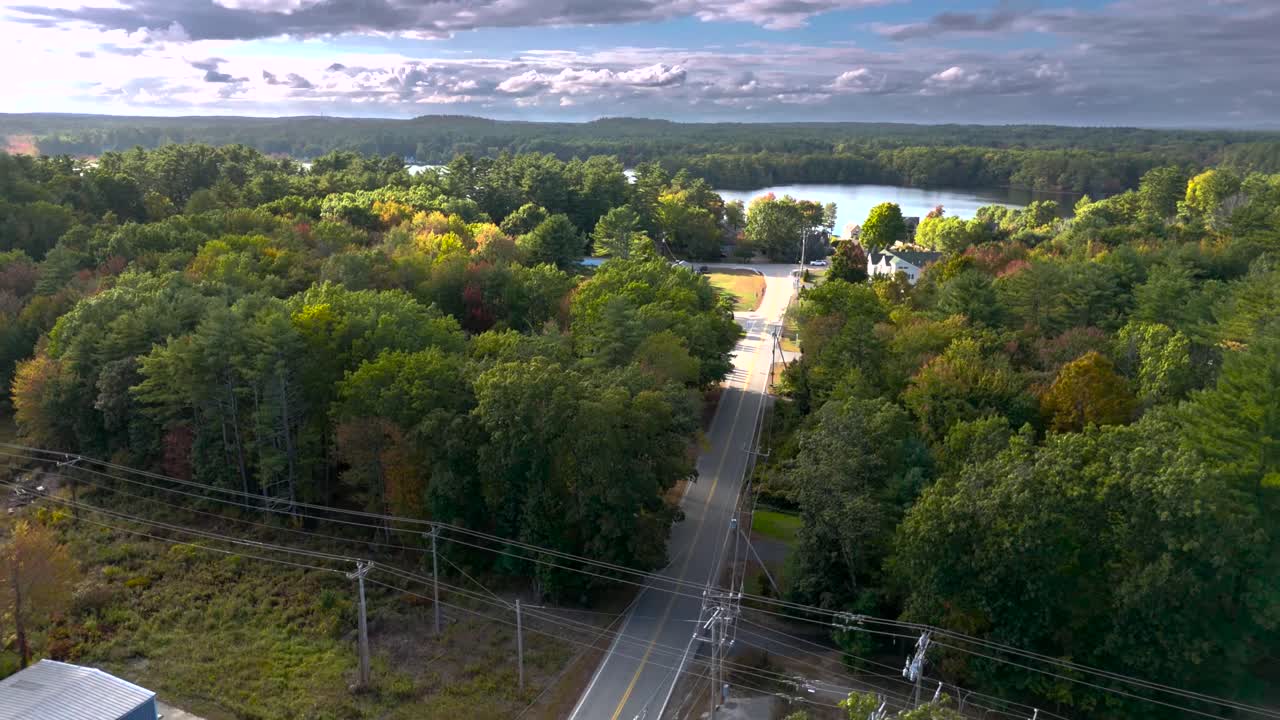 Aerial View of a Peaceful Lake Surrounded by Autumn Foliage
