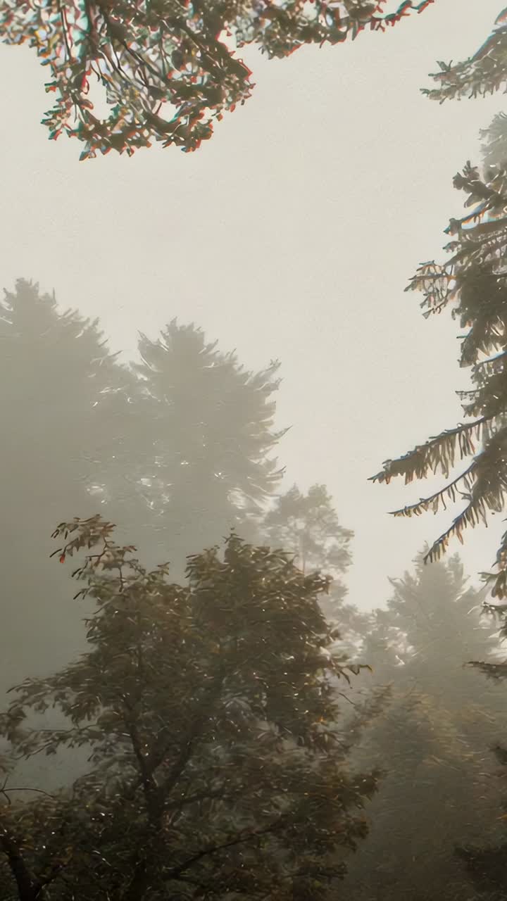 Vertical video: Tilting cam in misty forest, sun breaking through branches, lighting conifer crowns