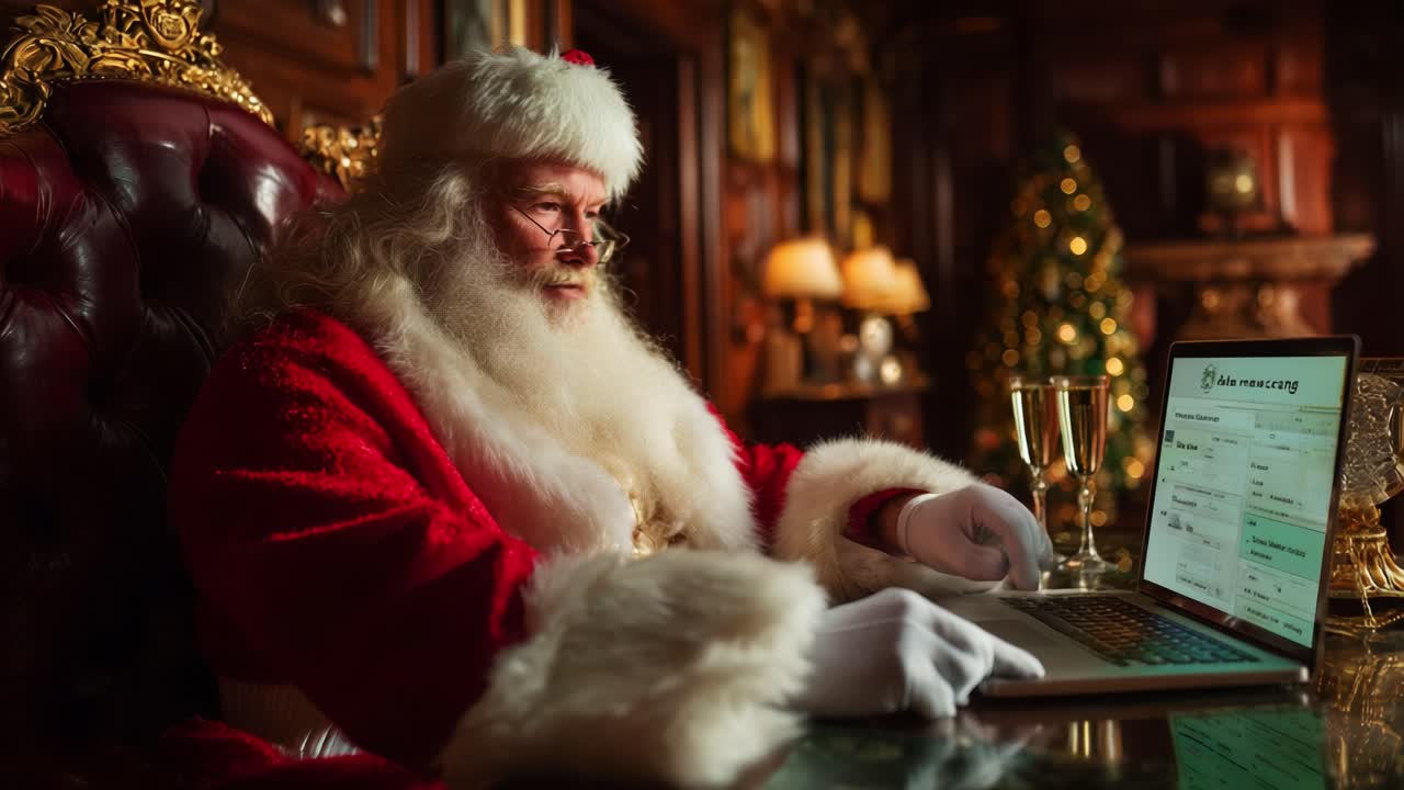A Festive Santa Claus Working on a Laptop in an Opulent Setting, Surrounded by Holiday Decor, Capturing the Spirit of the Season with Modern Technology and Tradition