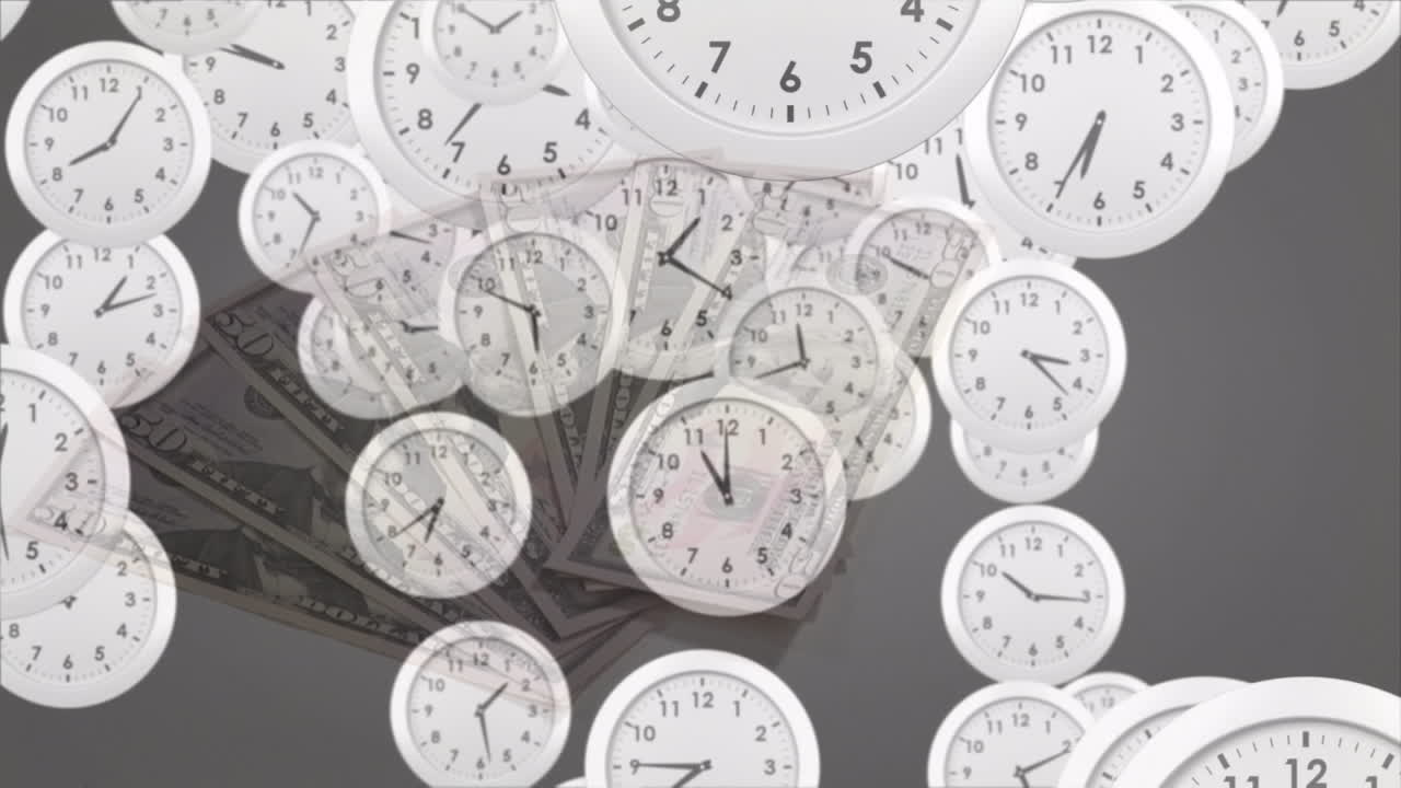 미국 달러 통화 지폐 위에서 시계가 뛰는 애니메이션