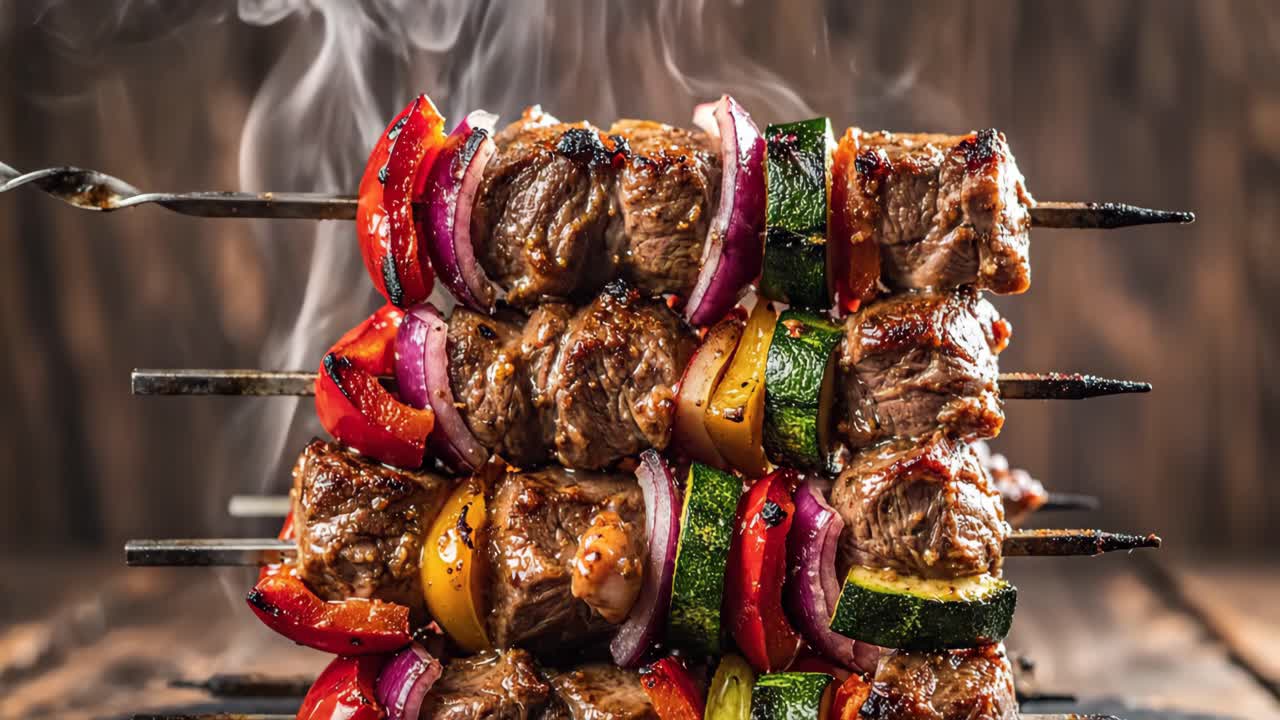 Grilled Shish Kebabs with Meat and Vegetables