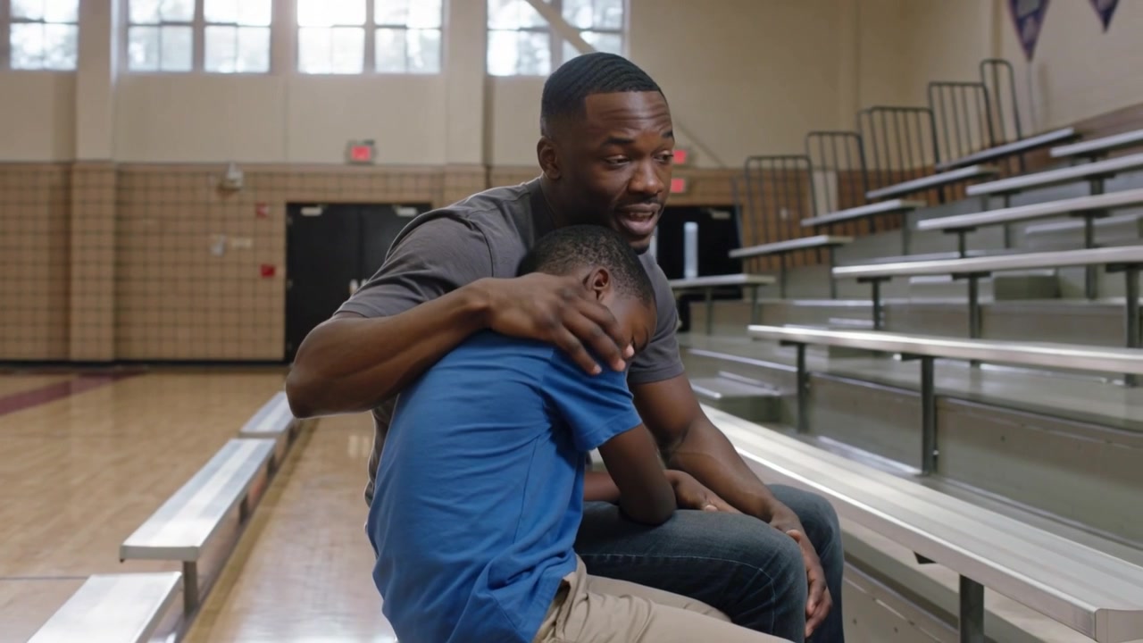 Consoling man wrapping arm around boy after leaning at school gym metal bleachers patting back