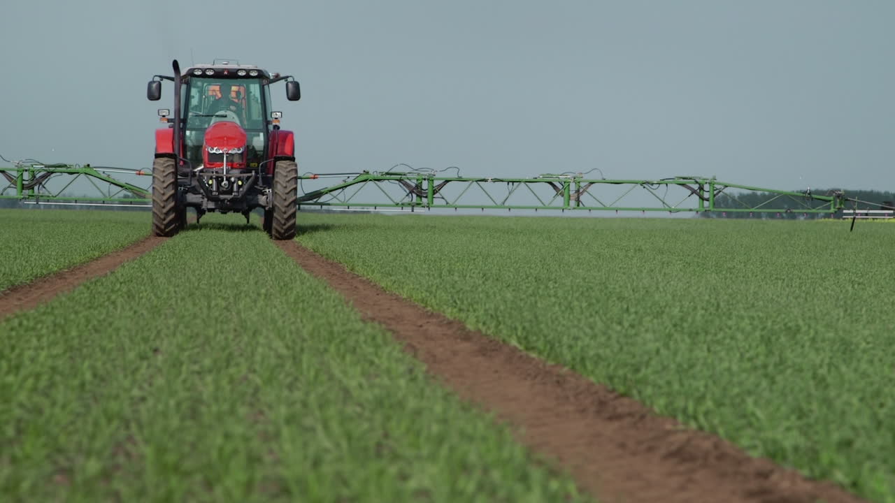 Trattore agricolo che irrora pesticidi su giovani piante di grano