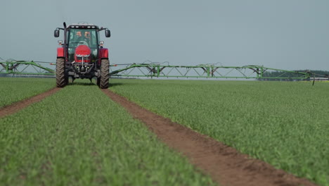 farming tractor spraying pesticides on young wheat plants