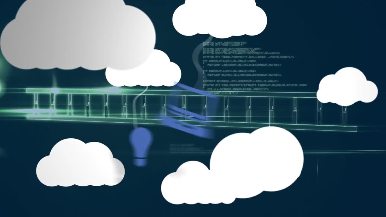 animación de iconos de nubes y procesamiento de datos sobre un fondo oscuro