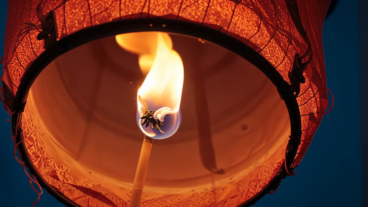 Striking match igniting wick on stick, illuminating red paper lantern at dusk, revealing metal rim