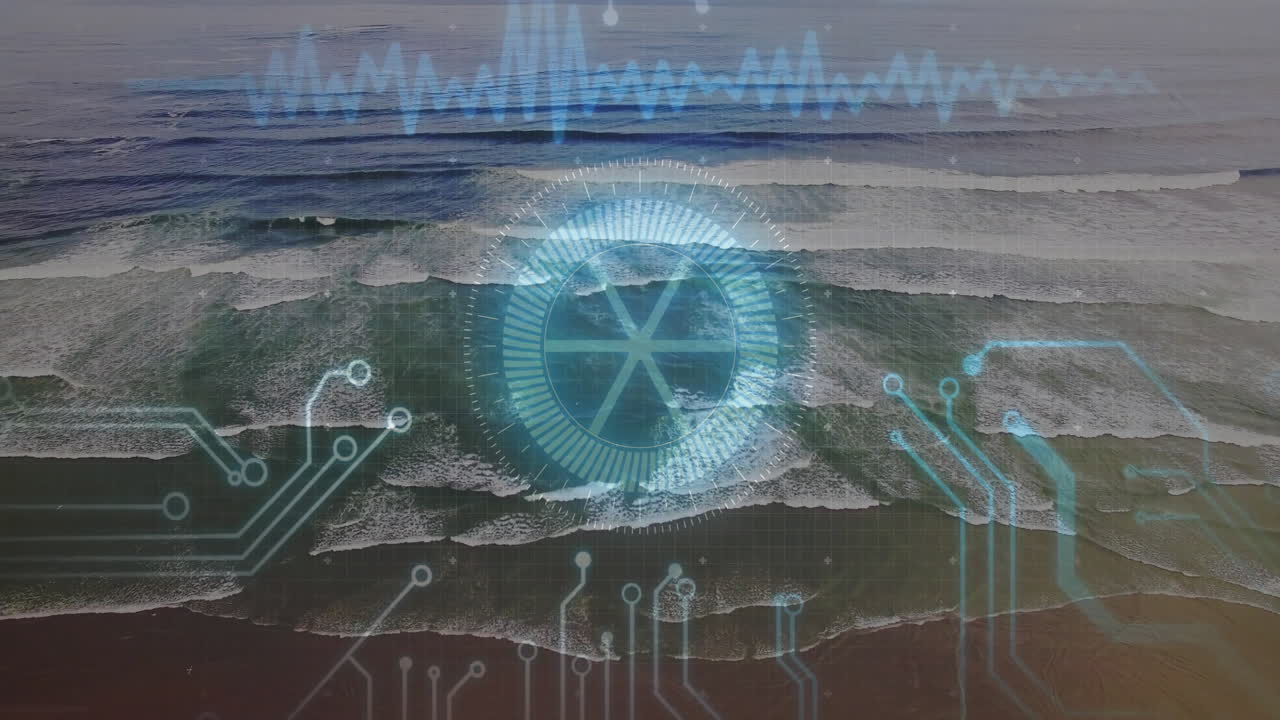 Digital HUD overlay moving over ocean waves, showing blue waveform graphs and circuit lines