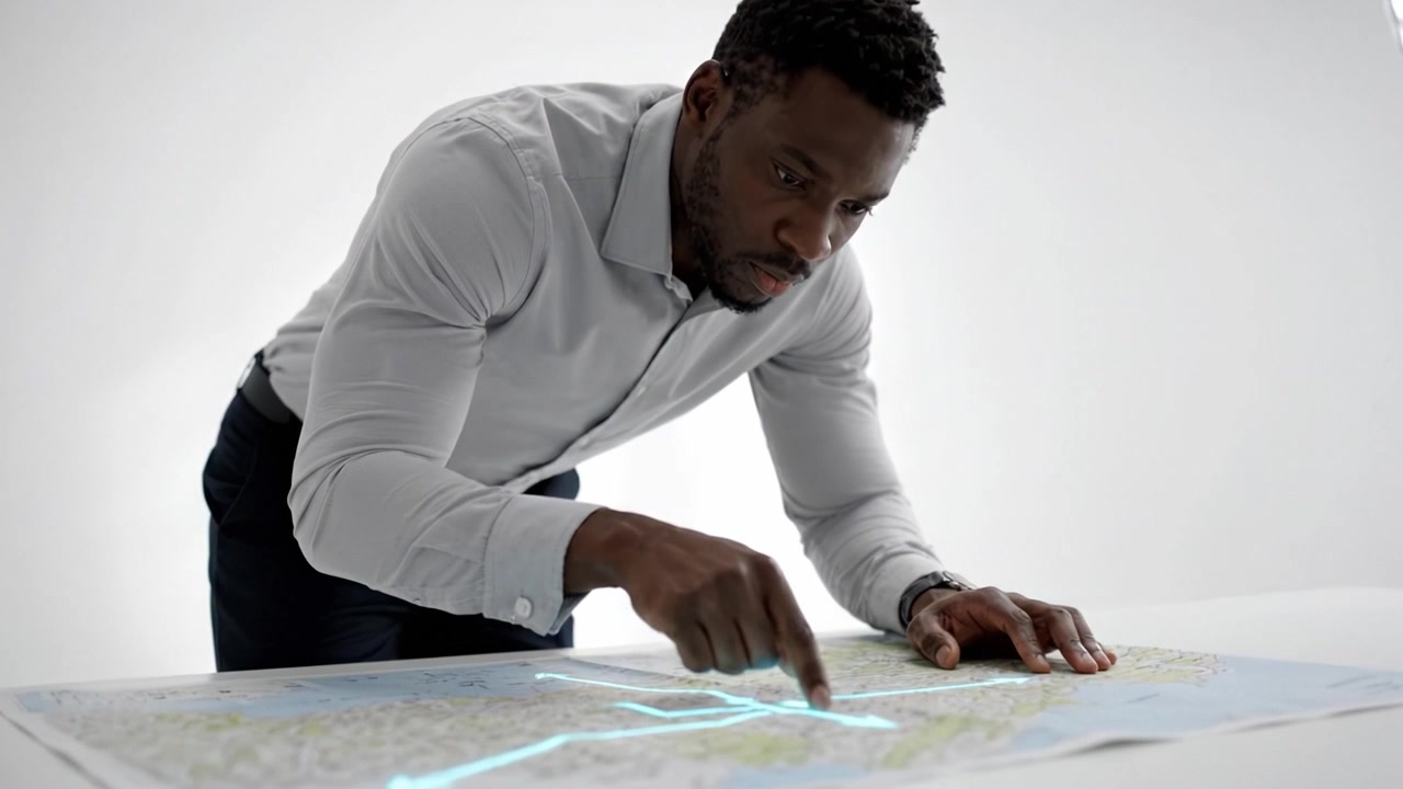 An Individual Analyzing a Detailed Map with a Focused Expression and Engaged Posture, Highlighting Important Features and Routes in a Modern Environment.