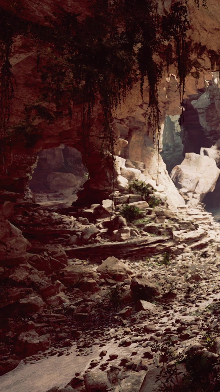 Exploring deep cave with rocky formations and plants in natural setting