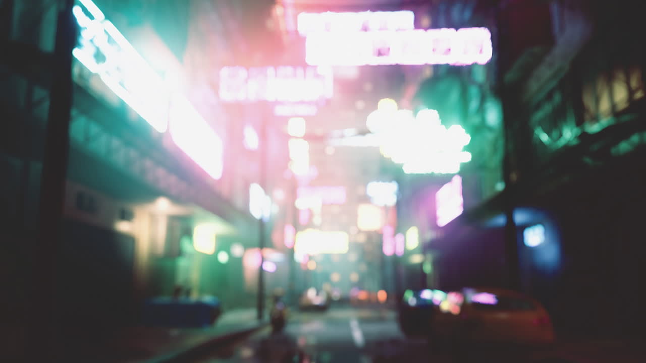 Neon lights illuminate a busy street in a vibrant urban environment at night