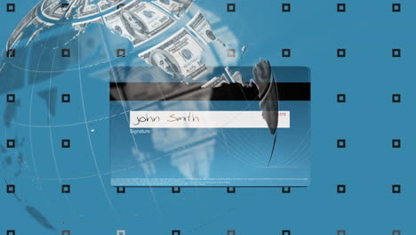 animation of globe formed with american dollar banknotes over credit card