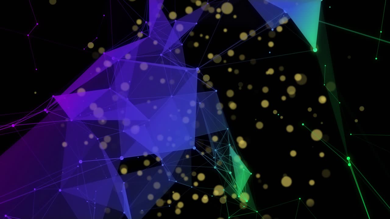 Opening on black void triangles forming mesh and golden spheres swirling representing network