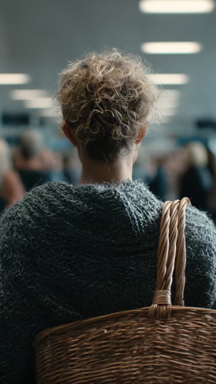 A contemplative moment in a crowded space where a woman with curly hair carries a woven basket, blending into the background of a bustling environment