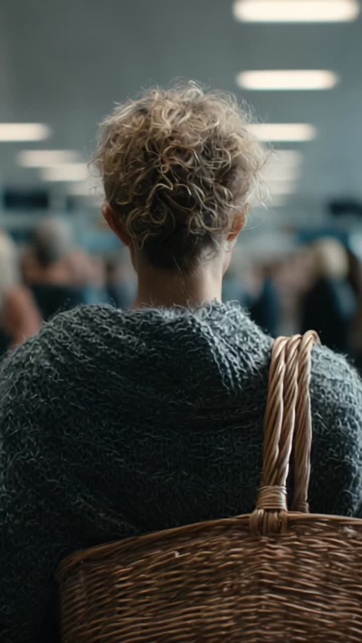 A contemplative moment in a crowded space where a woman with curly hair carries a woven basket, blending into the background of a bustling environment