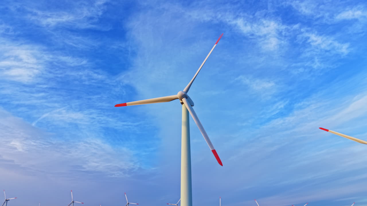 Turbine eoliche si stagliano contro il cielo blu in un parco eolico nel pomeriggio con nuvole sullo sfondo