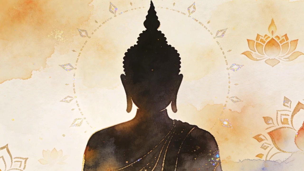 Cornici che creano un effetto lavaggio zen che si muove intorno alla silhouette di un Buddha seduto e vestito, con aureola e loto per la calma