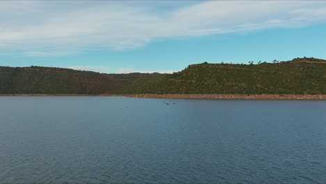 Birds-fly-over-Embalse-de-Rialb-dam,-drone-shot-in-Lleida,-Catalonia