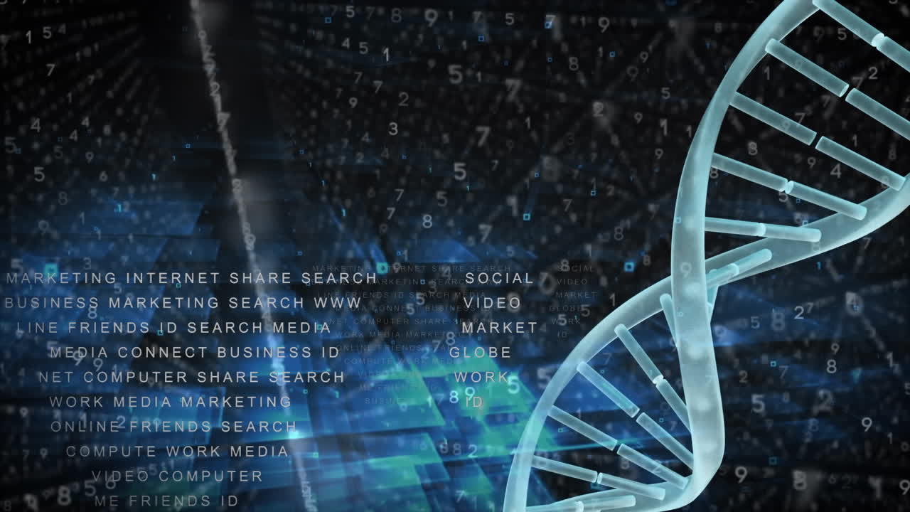 Animation of dna structure spinning and hexagonal pattern over binary coding and blue square shapes