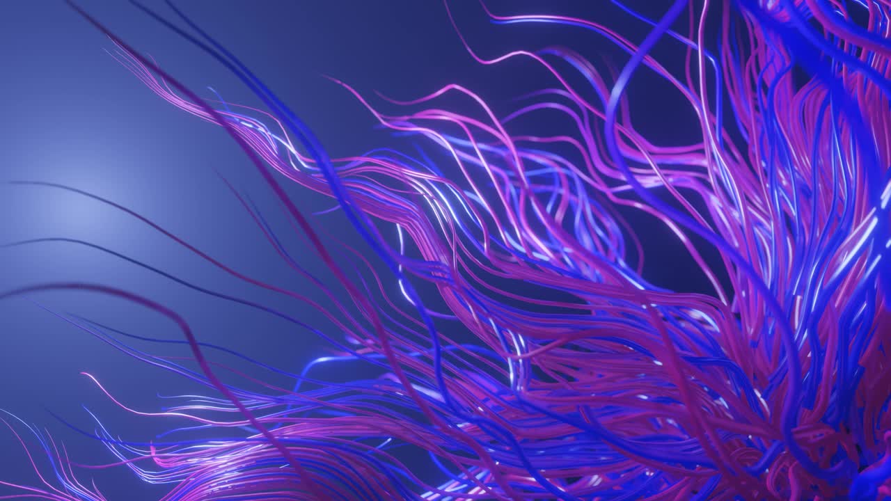 Mysterious background with live curved lines, close-up. live curls underwater like fur, multi-colored threads or hair. Mist and DOF bokeh effects. Volumetric lights. 4k seamless looped bg