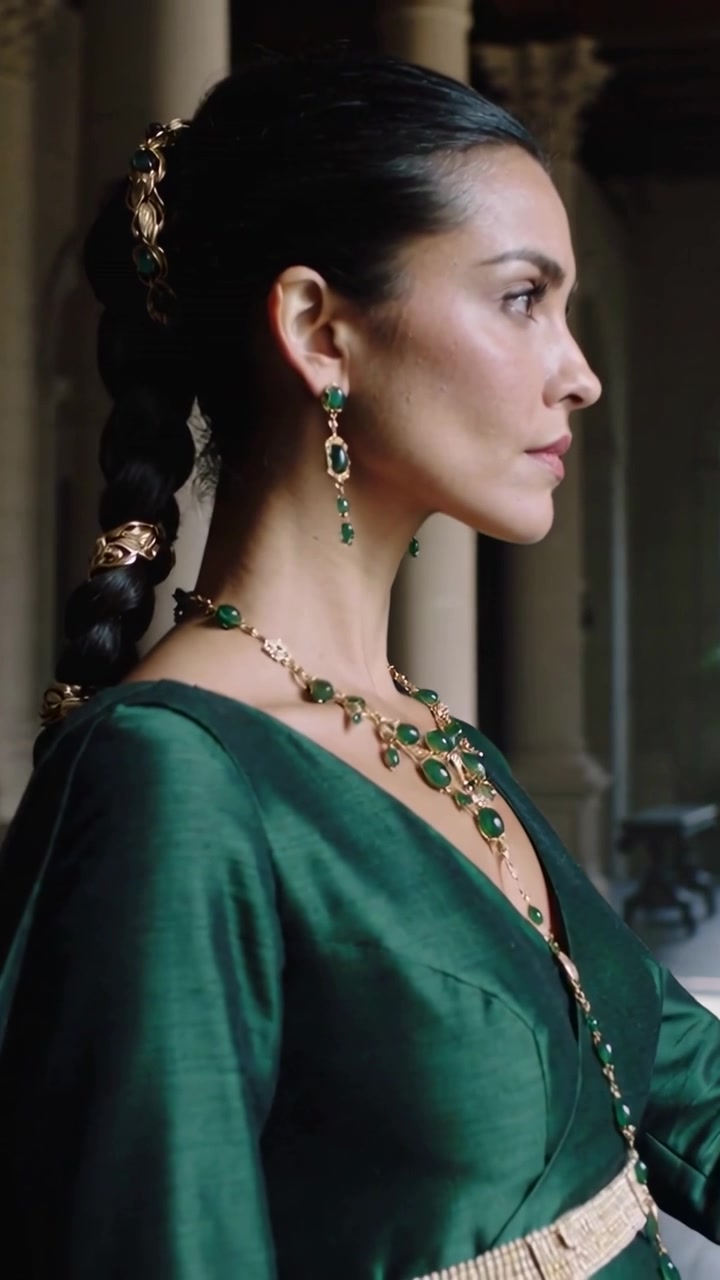 Video verticale: La telecamera si allontana, mostrando una donna in abito verde che sposta il peso in un corridoio, mettendo in mostra una collana.