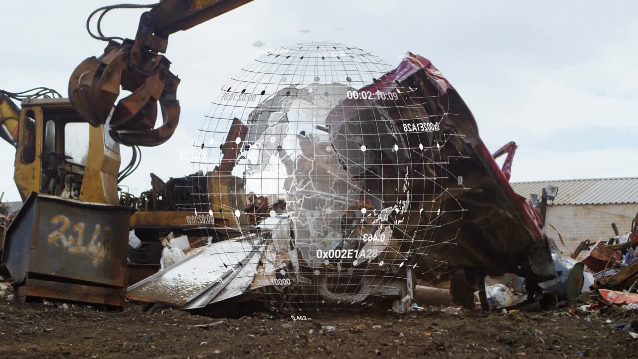 Upon globe appearing, grapple arm clamping red car shell, lifting and shredding metal for sorting
