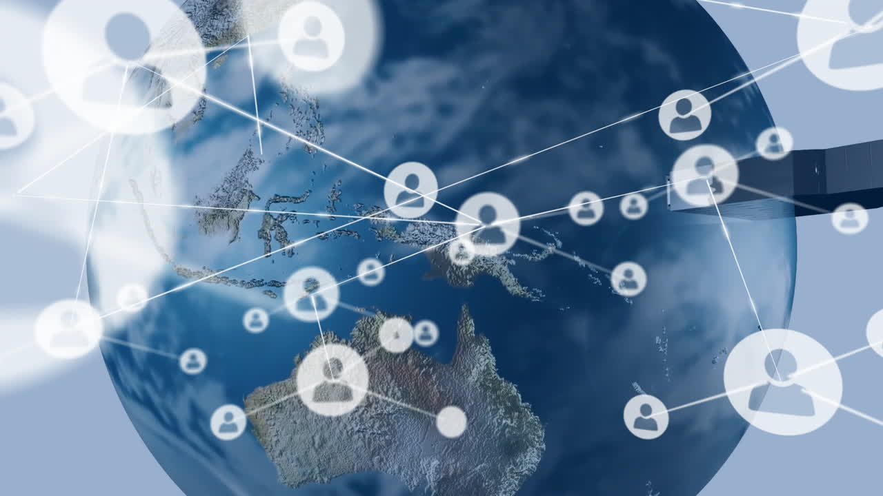 파란색 바탕에 전 세계에 있는 아이콘으로 연결된 네트워크의 애니메이션