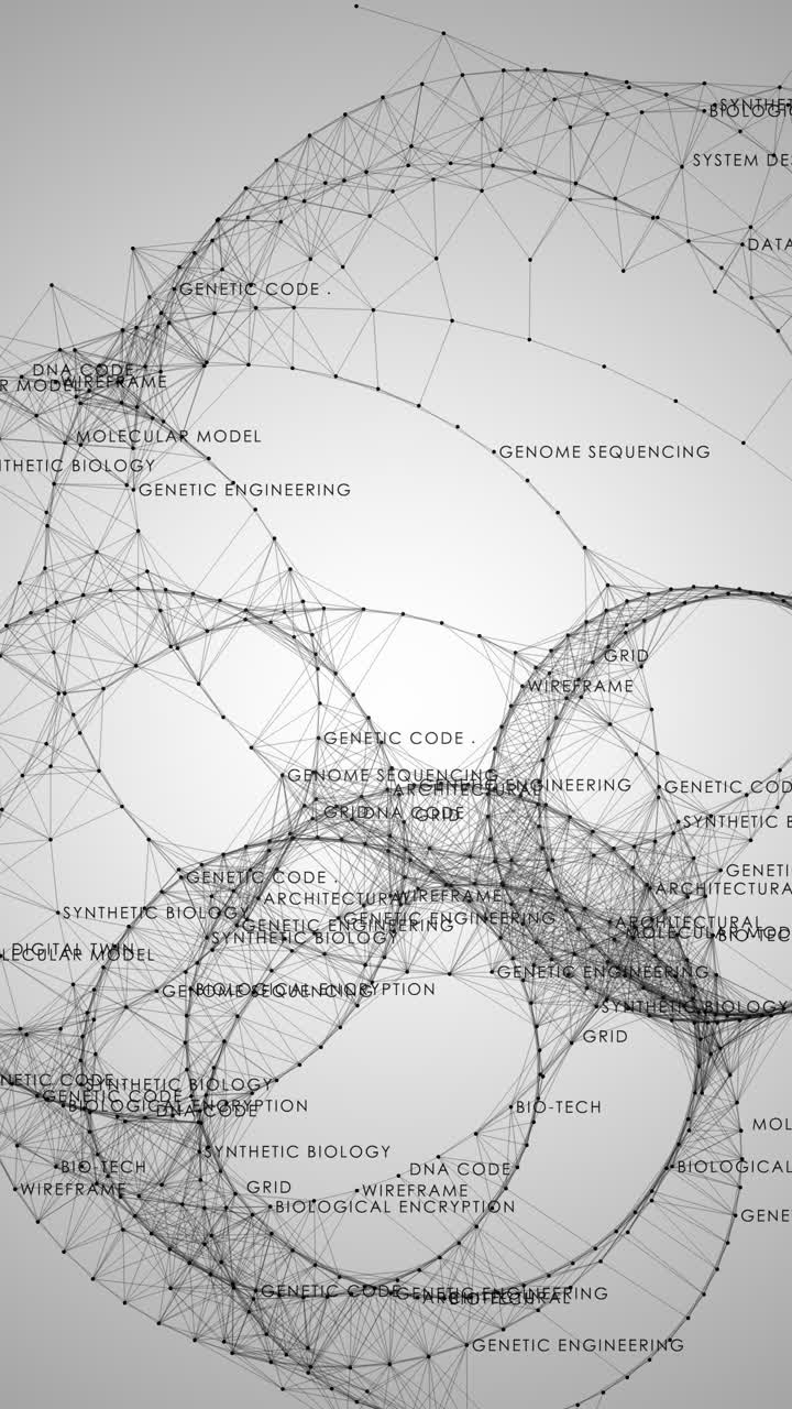 Complex network with nodes labeled Genetic Code, DNA, and Synthetic Biology on white vertical 4k background. Ideal for biotech and science themes