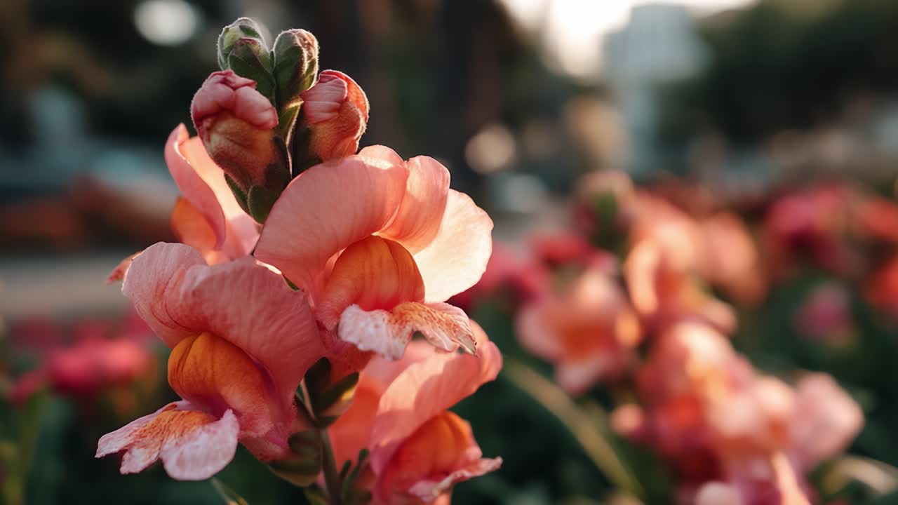 Una vista ravvicinata di vivaci fiori di bocca di leone, che mostrano petali delicati e colori intensi che evidenziano la bellezza della natura in un ambiente da giardino durante l'ora d'oro