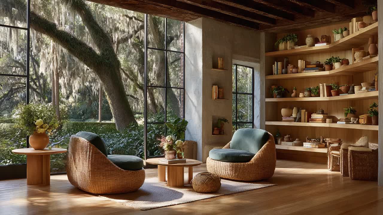 A Serene Living Space Showcasing Natural Light and Cozy Design Elements, Featuring Comfortable Seating and a Minimalist Aesthetic Complemented by Lush Greenery Outside