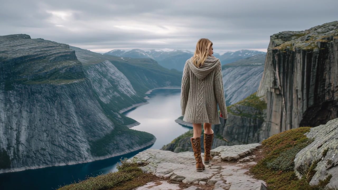 Rear view of a woman in warm sweater walking on a rocky mountain trail above a deep fjord and steep cliffs, scenic wilderness landscape under overcast sky