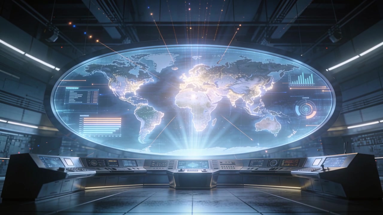 Powering console activating oval holo in control room, emitting beam, forming core, bursting light