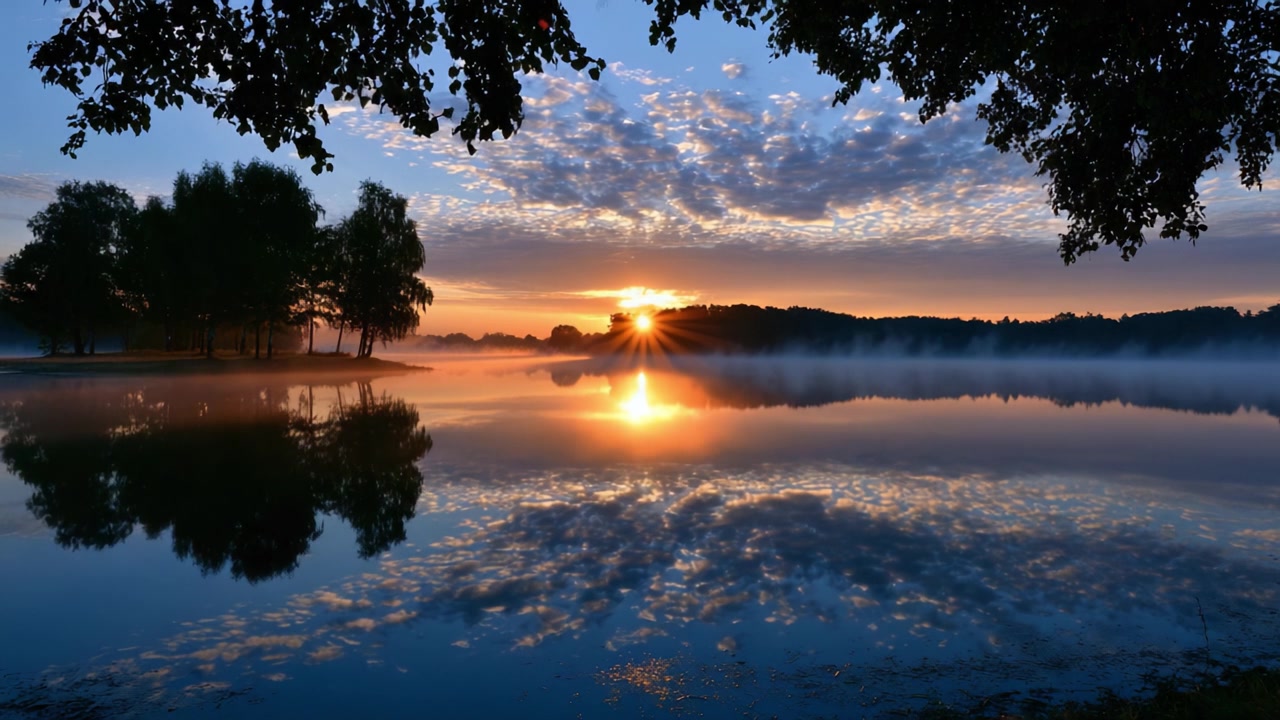 A Beautiful Sunrise Over a Calm Lake, Reflecting Trees and Clouds, Captured at Dawn with Serene Colors and Tranquil Atmosphere