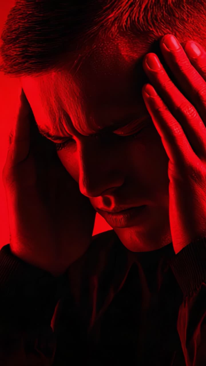 Emotional Turmoil: A Young Man Grapples with Inner Struggles and Pain Under Dramatic Red Lighting, Expressing Deep Feelings of Stress and Anxiety in a Moment of Reflection
