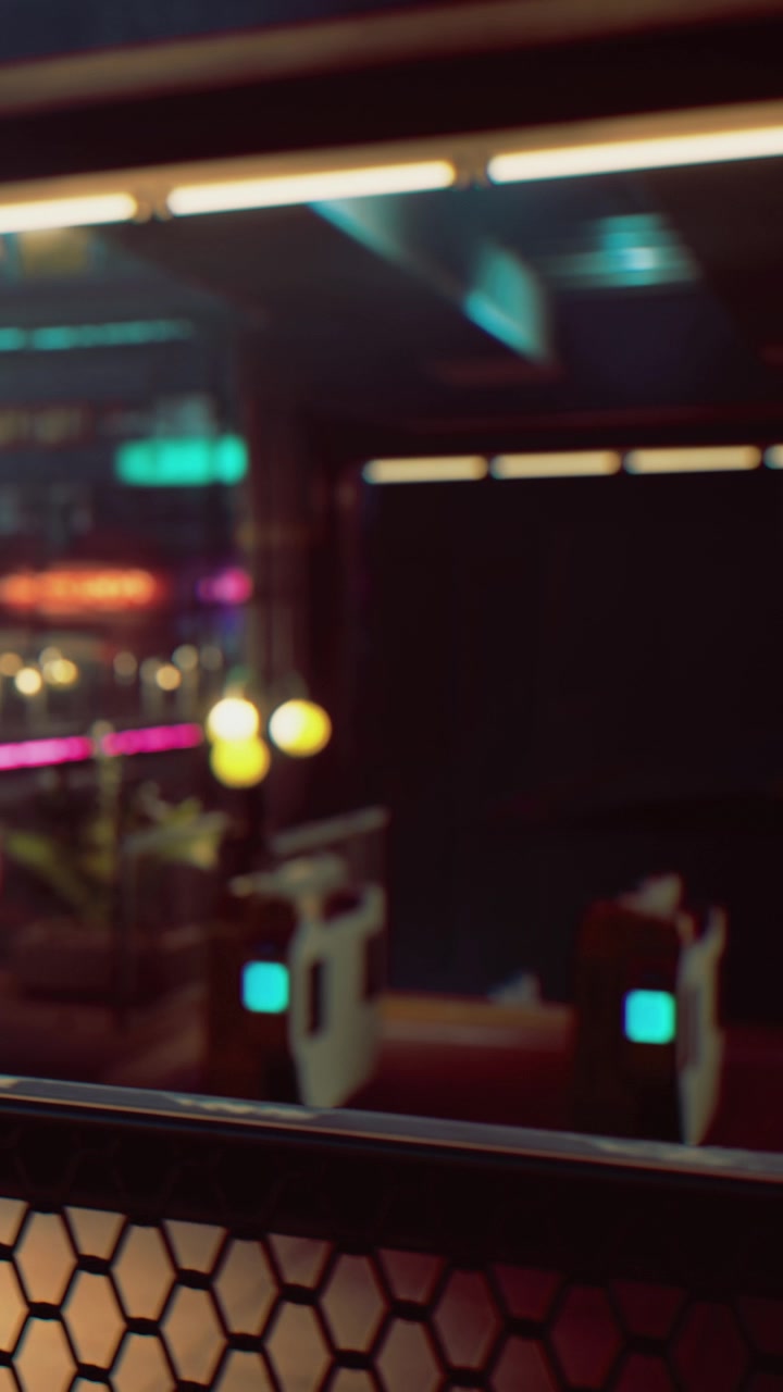 Arcade moderno con luces de neón y estaciones de juego vacías en una zona concurrida