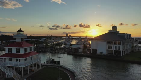 Drone view of sunset over the New Orleans marina