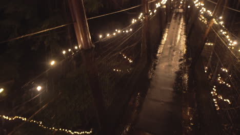 elevated suspension bridge in treetop decorated with christmas lights, rainy night