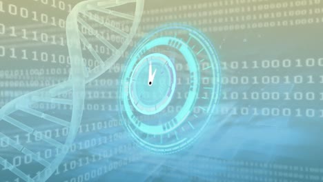 Animation-Des-Scope-Scannens-über-Einem-DNA-Strang-Und-Der-Datenverarbeitung-Auf-Grünem-Hintergrund