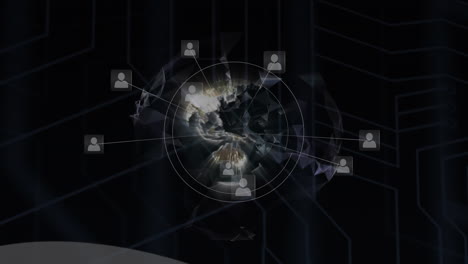 animation of networks of connections with icons and globe over black background