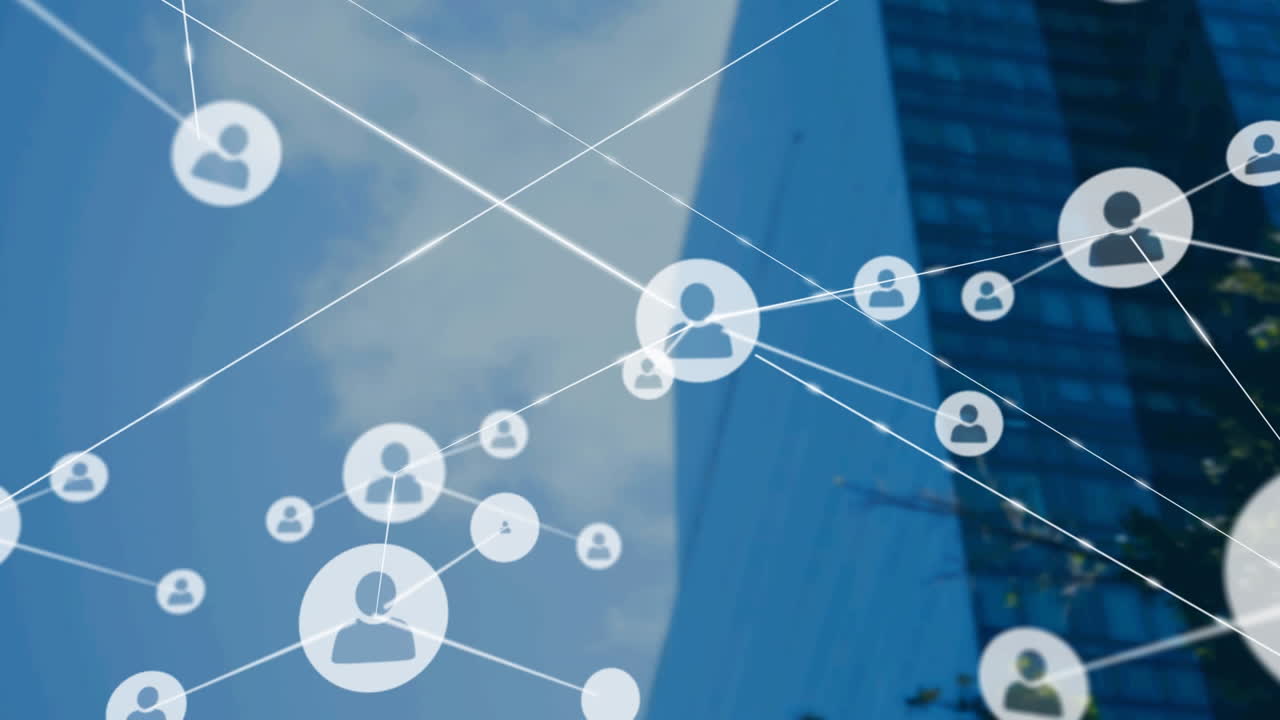 현대적인 건물 위의 아이콘과 연결 네트워크의 애니메이션