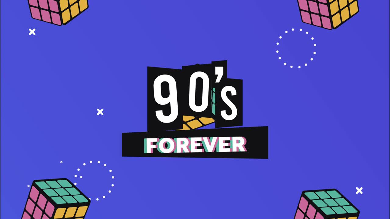 피스의 레트로 스타일 배경에서 루빅 큐브로 된 90년대 영원한 글자