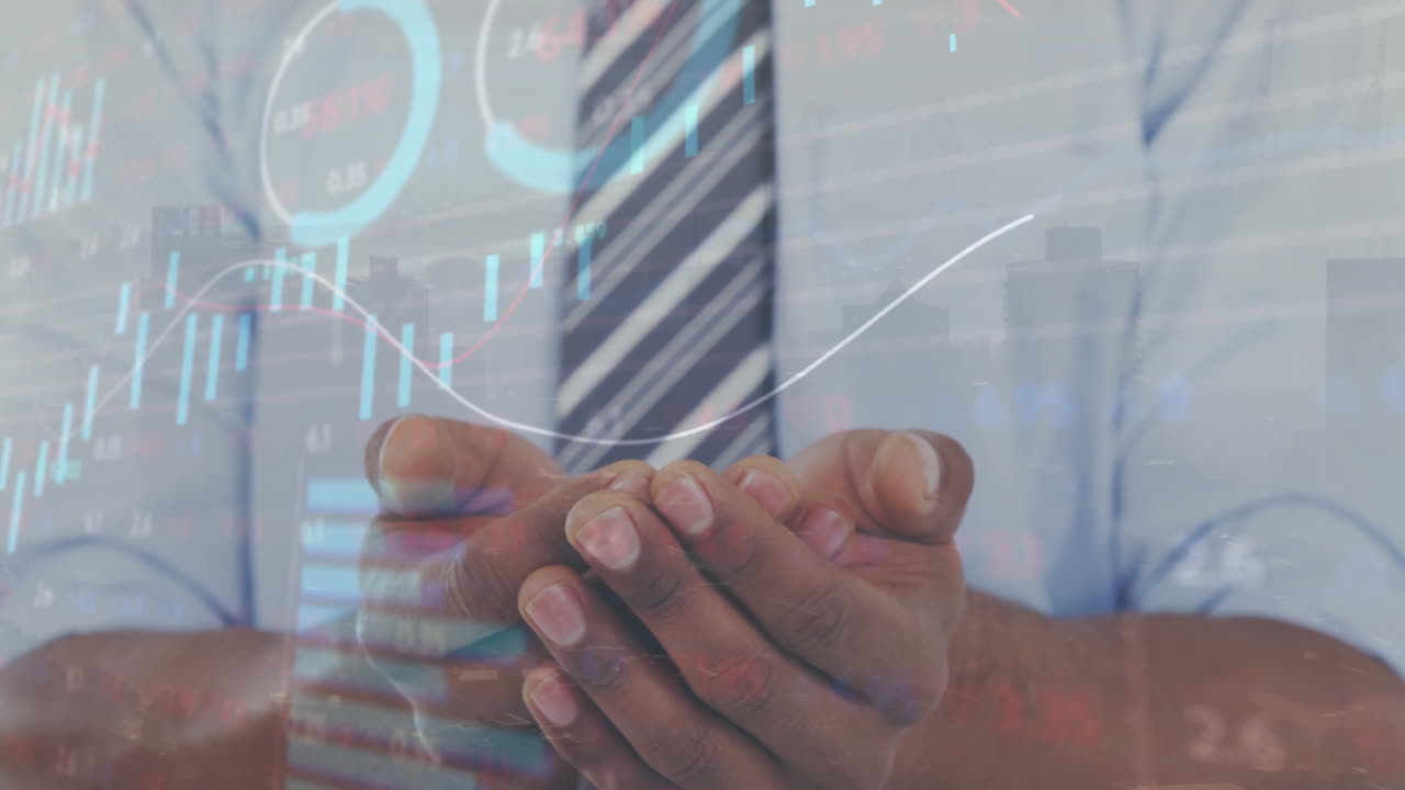 animación de gráficos, tablero de comercio, sección media de hombre de negocios afroamericano pidiendo apoyo