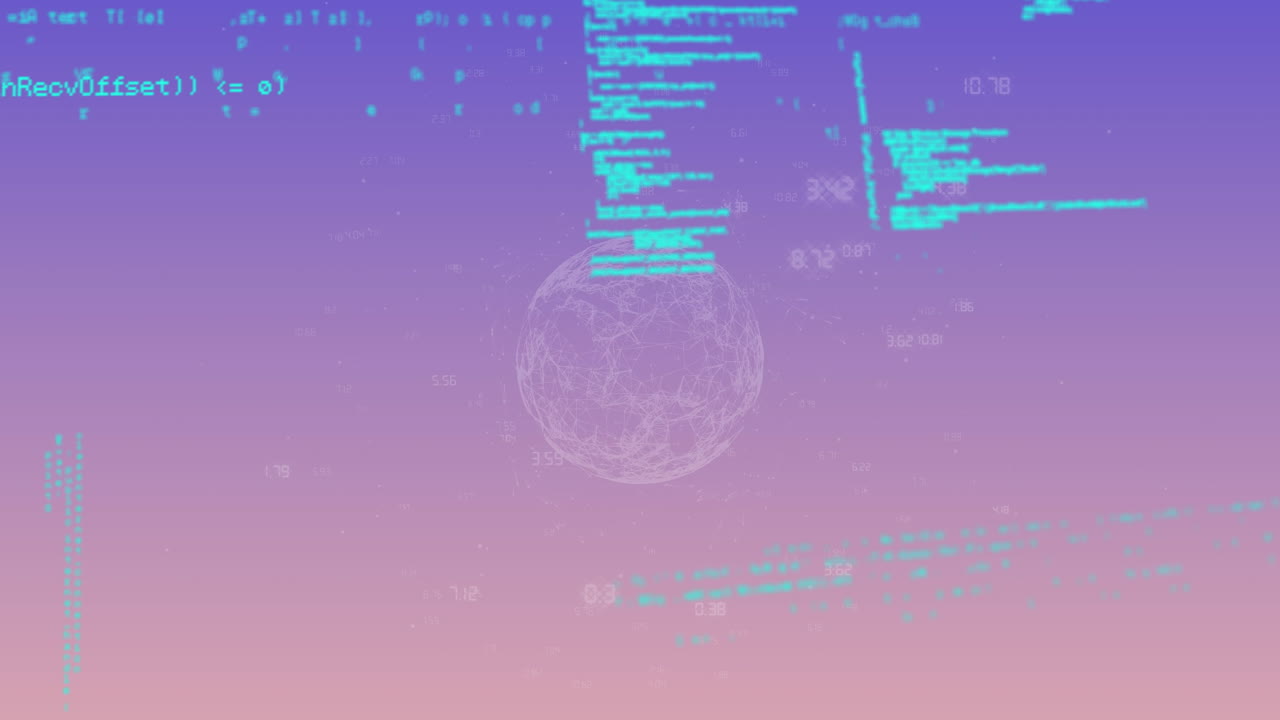 Digital globe with floating numbers in animation over purple and pink background