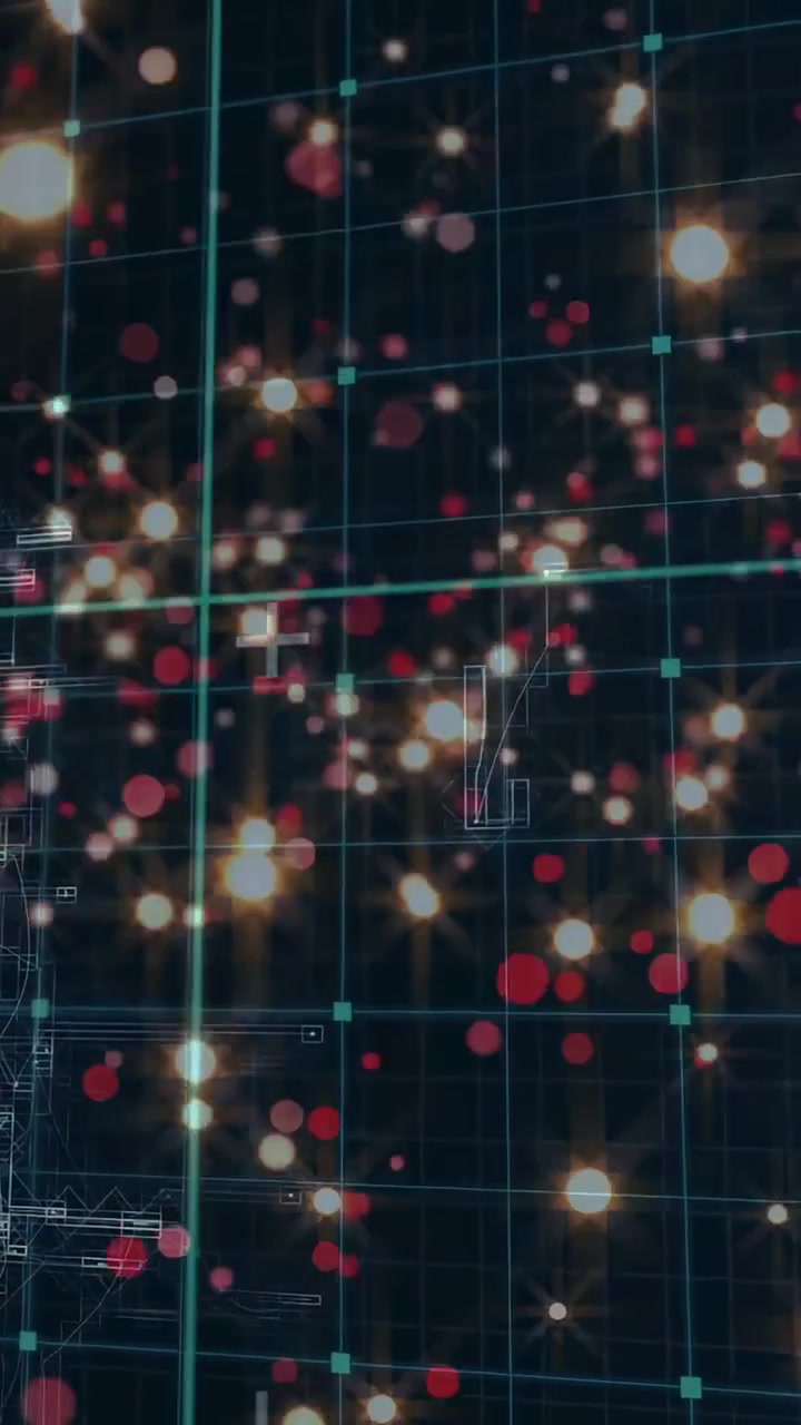 Telecamera che panoramica rivelando wireframe a griglia ciano con luci dorate e rosse fluttuanti per HUD.