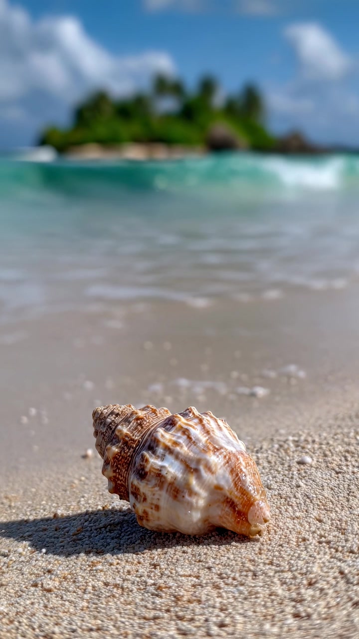 Seashell Resting on Sandy Beach with Tropical Island Background